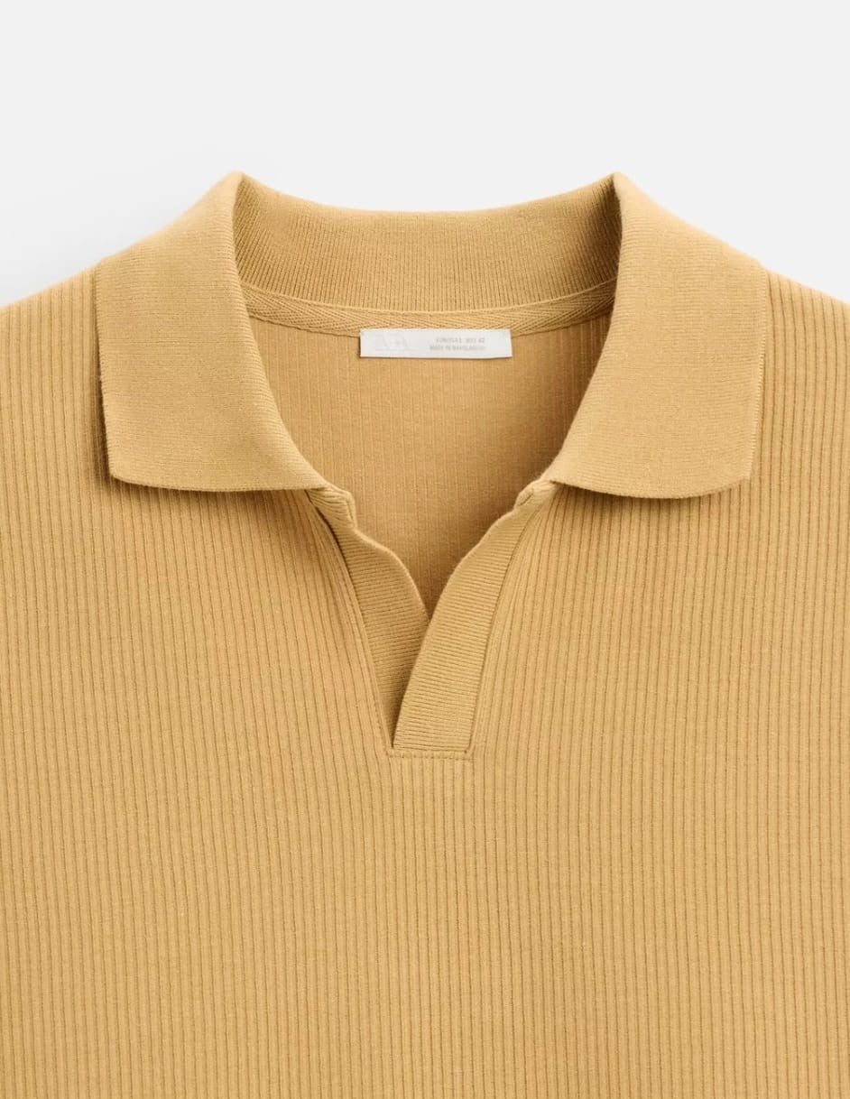 Zara Regular Fit Textured Ribbed Cotton Polo Shirt in Mustard