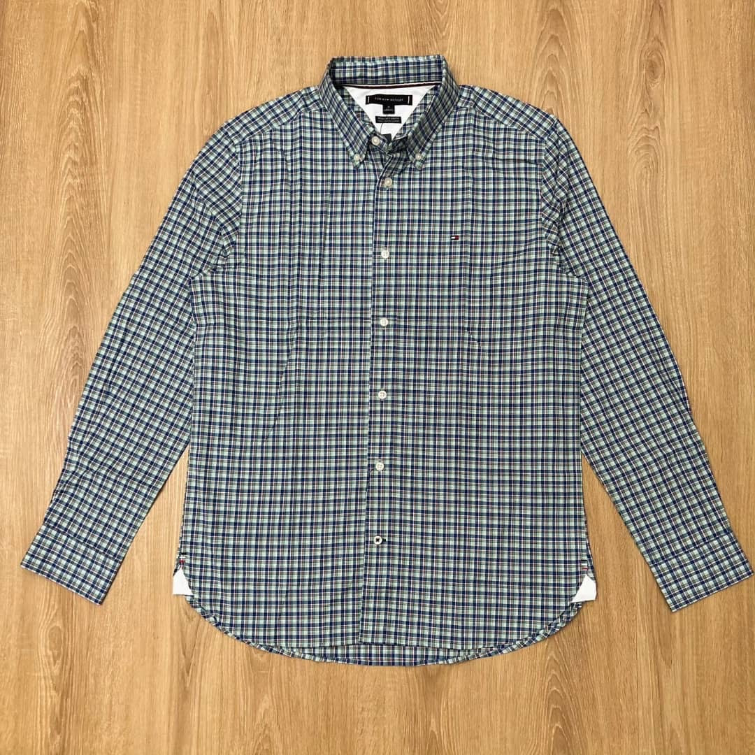 Tommy Hilfiger Regular Fit Green and Blue Plaid Shirt