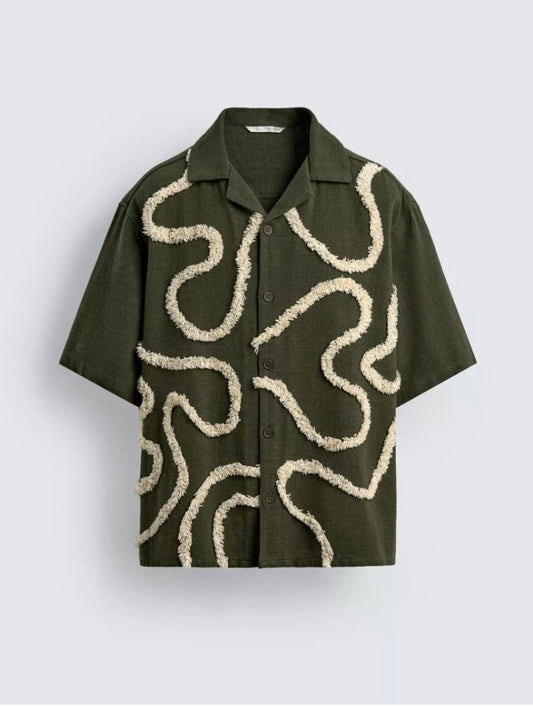 Zara Regular Fit Textured Embroidery Shirt in Green