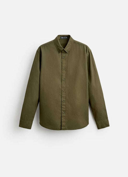 Zara Regular Fit Twill Cotton Shirt in Green
