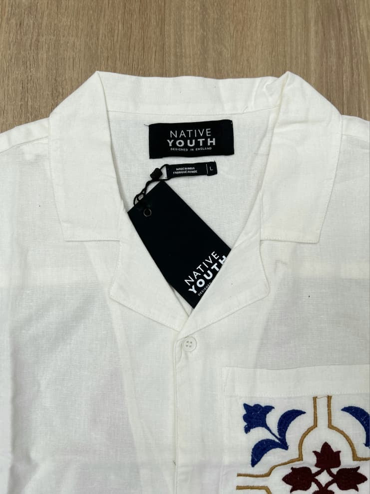 Native Youth Regular Fit Cotton/Linen Embroidery Shirt in Off White