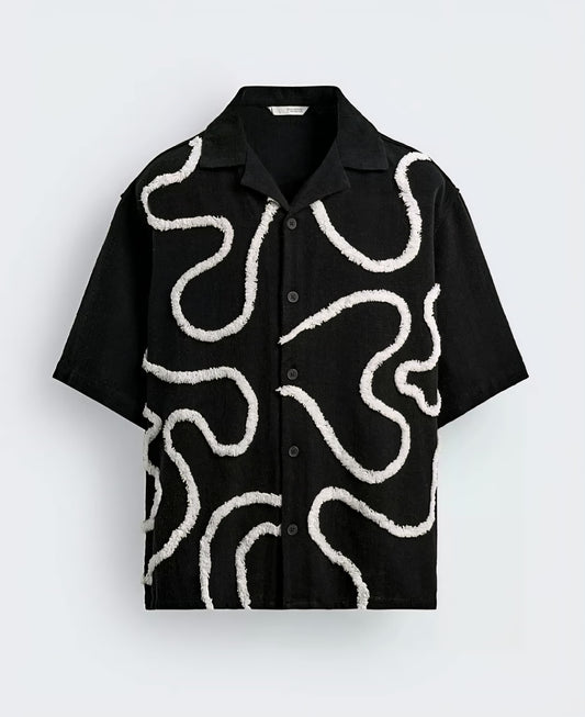 Zara Regular Fit Textured Embroidery Shirt in Black