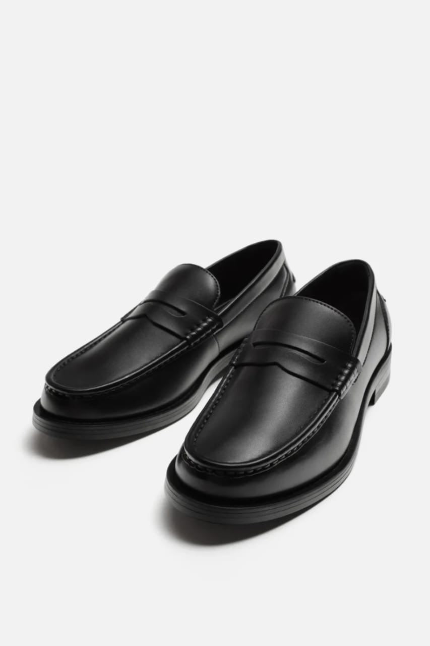 Zara Penny Strap Leather Loafers in Black
