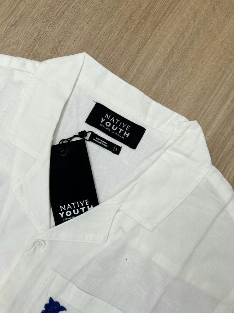 Native Youth Regular Fit Cotton/Linen Embroidery Shirt in Off White