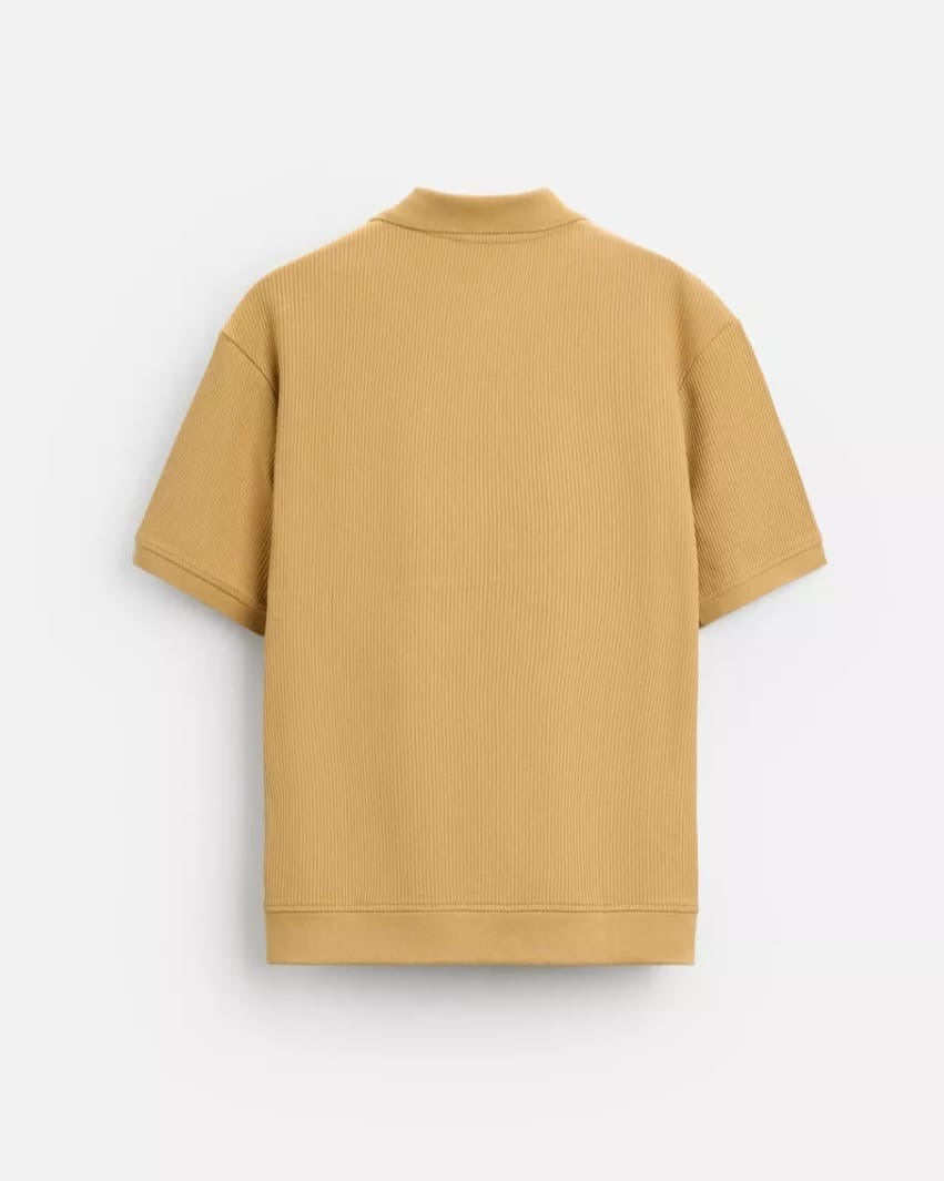 Zara Regular Fit Textured Ribbed Cotton Polo Shirt in Mustard