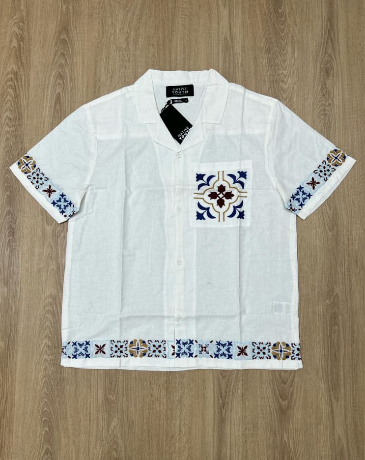 Native Youth Regular Fit Cotton/Linen Embroidery Shirt in Off White