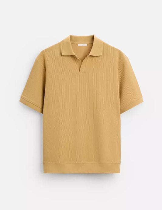 Zara Regular Fit Textured Ribbed  Cotton Polo Shirt in Mustard