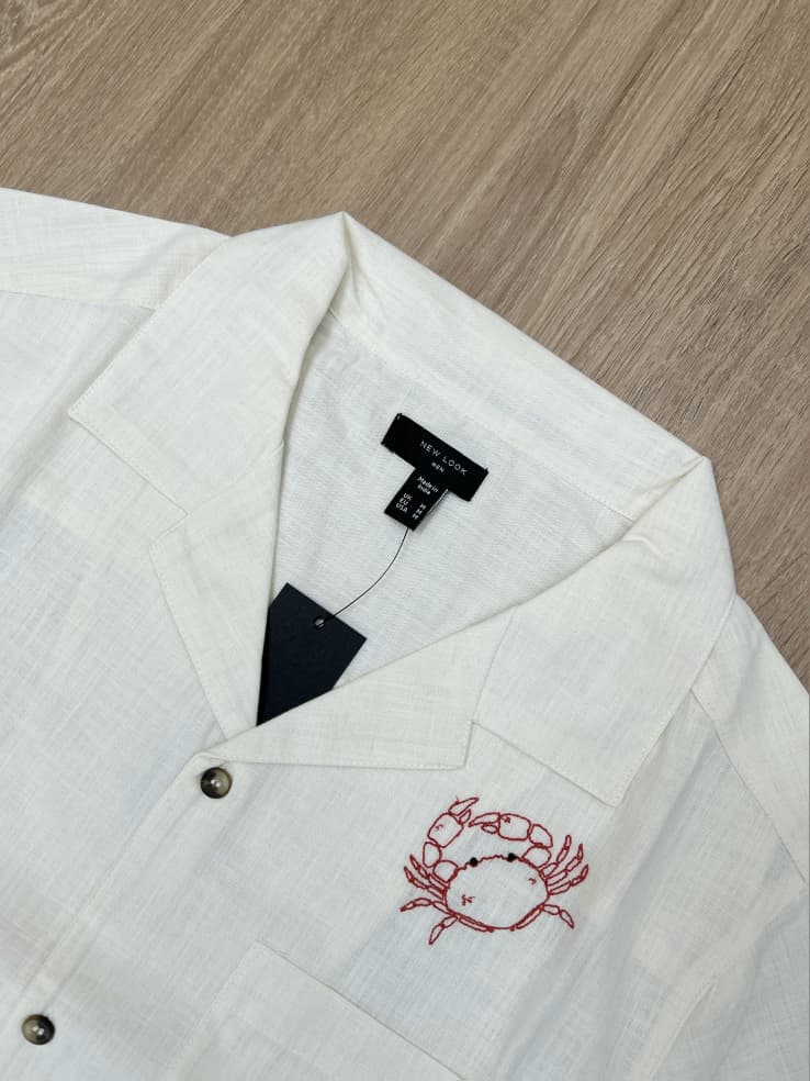 New Look Regular Fit Embroidered Linen Shirt in Off White