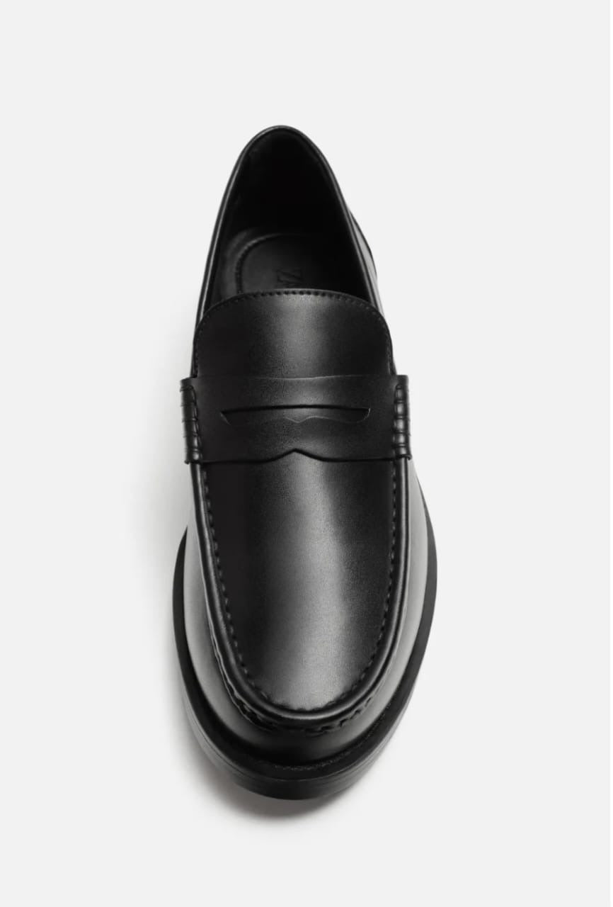 Zara Penny Strap Leather Loafers in Black