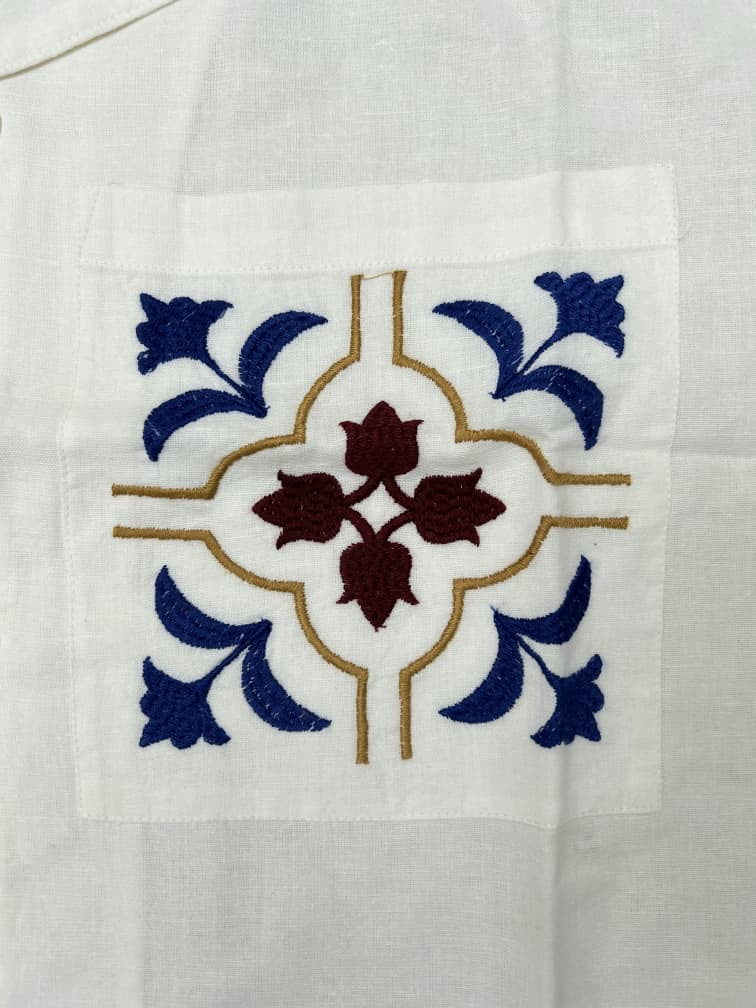 Native Youth Regular Fit Cotton/Linen Embroidery Shirt in Off White