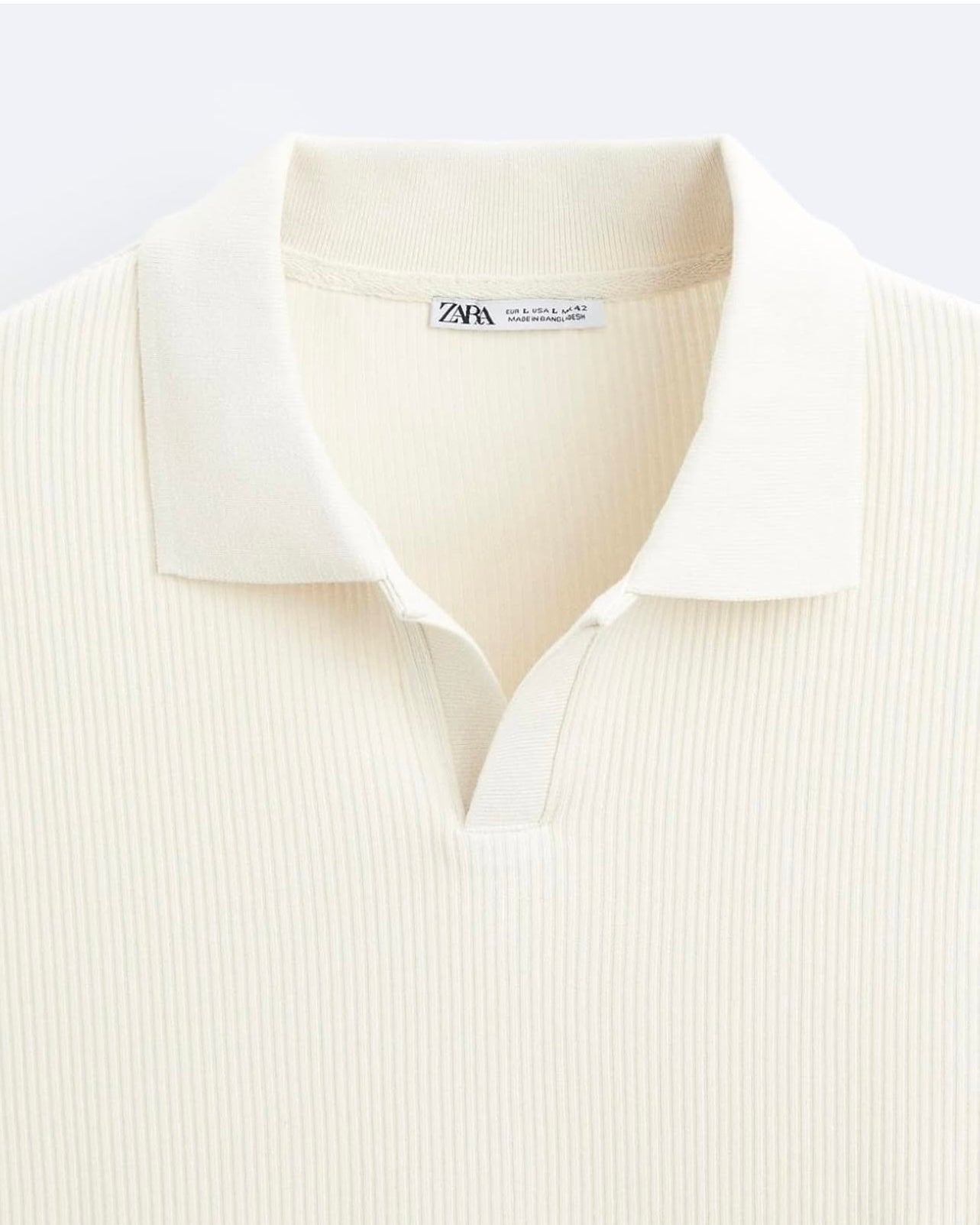 Zara Regular Fit Textured Ribbed Cotton Polo Shirt in Cream