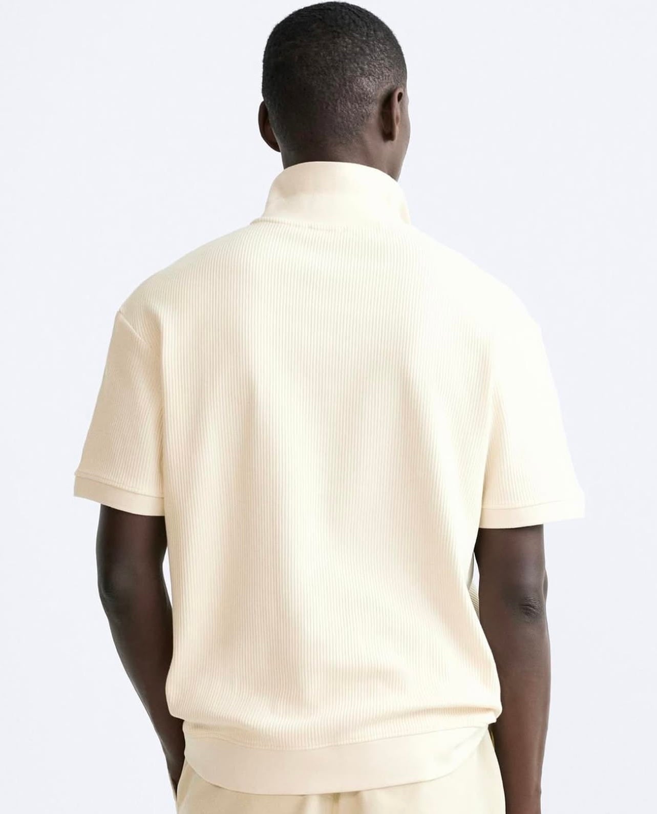 Zara Regular Fit Textured Ribbed Cotton Polo Shirt in Cream