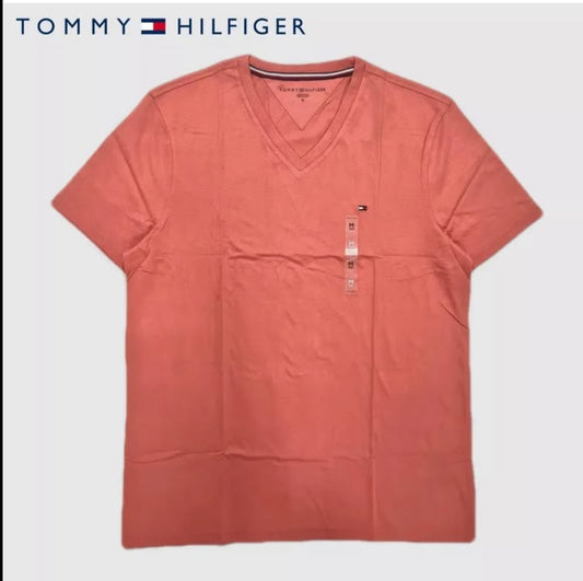 Tommy Hilfiger Regular Fit Cotton V Neck Short Sleeve T Shirt in Peach