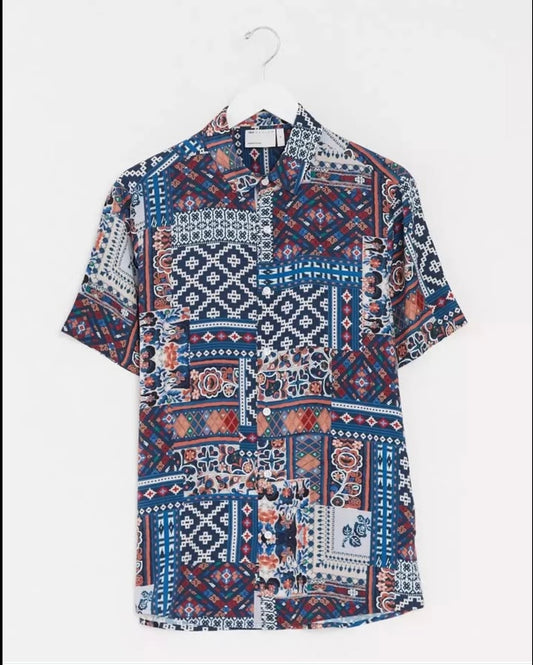 Asos Regular Fit Blue Aztec Shirt in Viscose Fabric