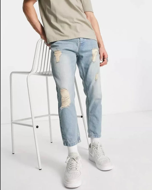 Threadbare Rigid Distressed Cropped Jeans in Blue wash
