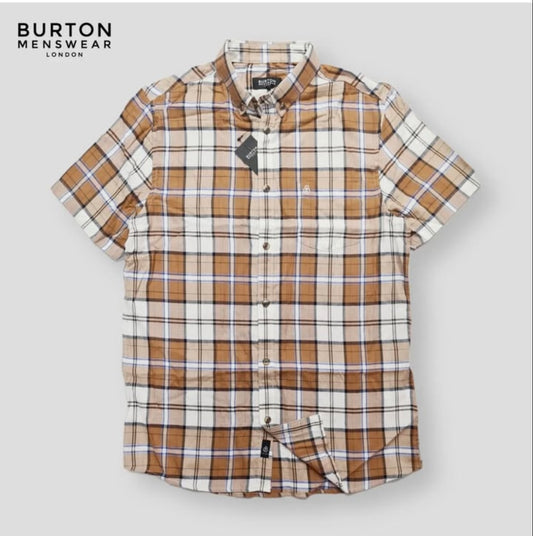 Burton Regular Fit Brown Check Short Sleeve Shirt