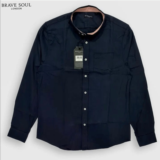 Brave Soul Regular Fit Navy Plain Cotton Twill Button Cuff Shirt