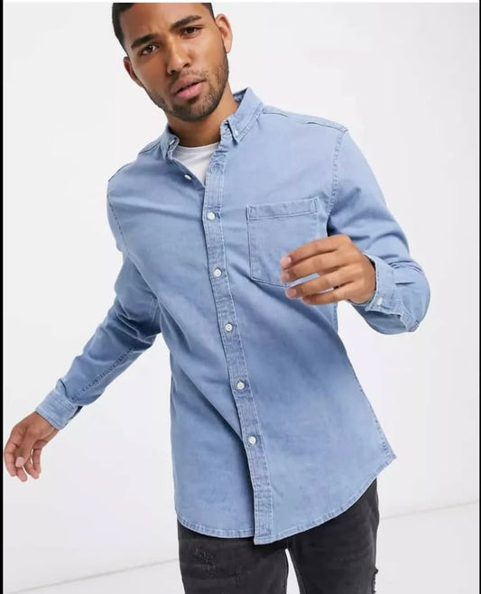Asos Slim Fit Blue Wash Denim Button Cotton Cuff Shirt