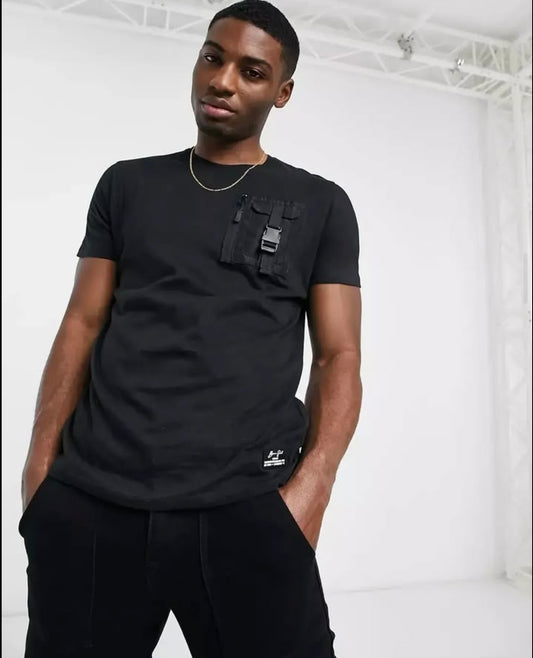 Brave Soul Regular Fit Black T Shirt With Utility Pockets