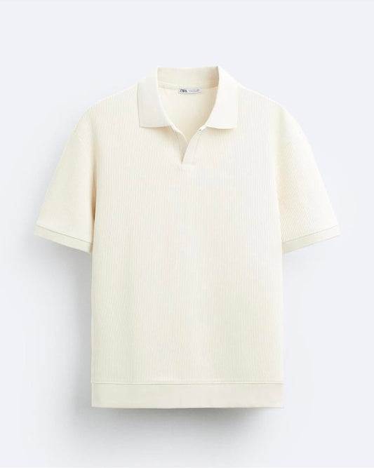 Zara Regular Fit Textured Ribbed Cotton Polo Shirt in Cream