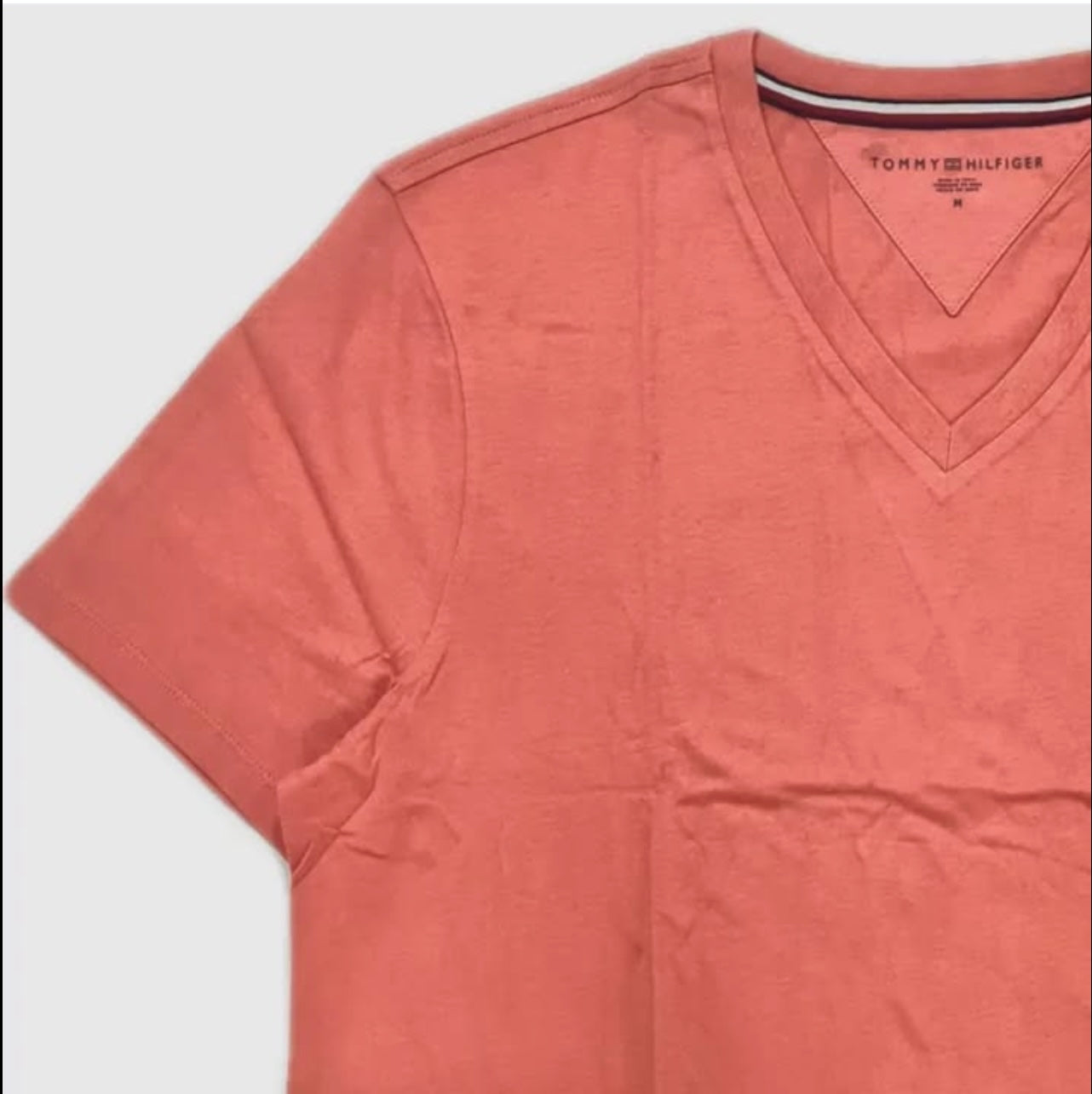 Tommy Hilfiger Regular Fit Cotton V Neck Short Sleeve T Shirt in Peach
