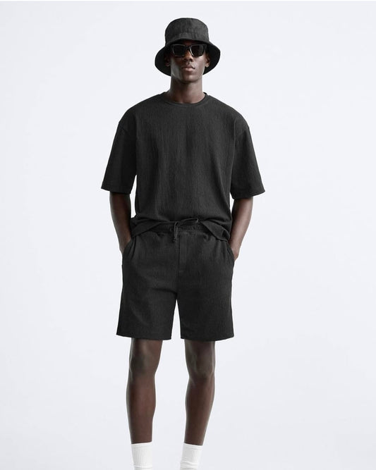 Zara Regular Fit Textured Cotton T shirt in Black