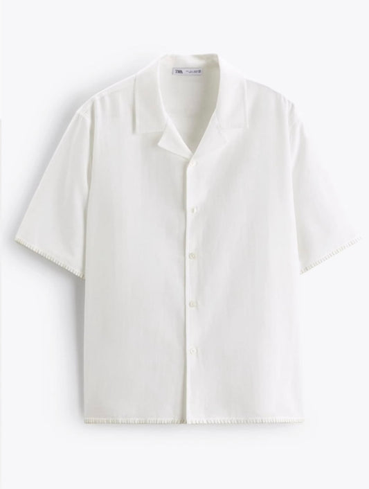 Zara Linen/Cotton Shirt in White With Contrasting Stitching