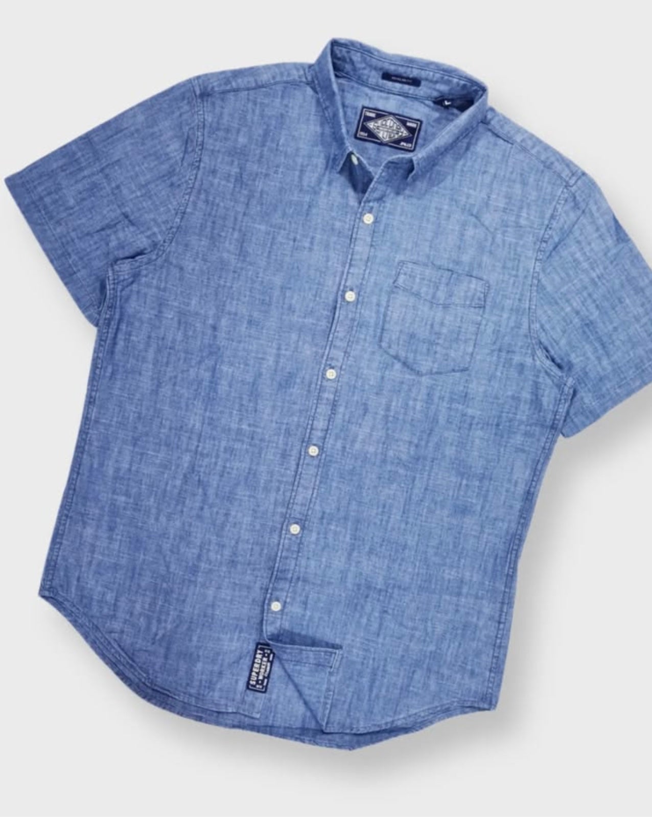 Super Dry Regular Fit Blue Chambray Short Sleeve Shirt