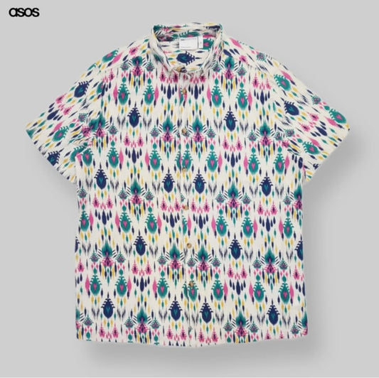Asos Regular Fit Beige Pattern Cotton Short Sleeve Shirt