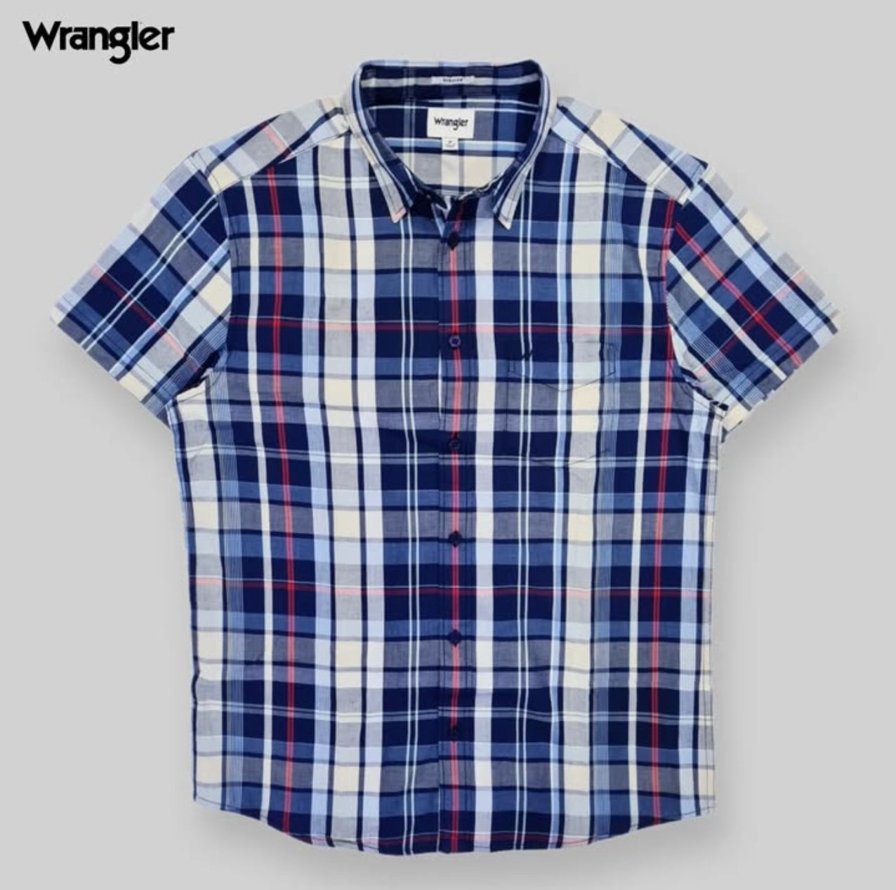 Wrangler Regular Fit Blue Check Cotton Short Sleeve Shirt