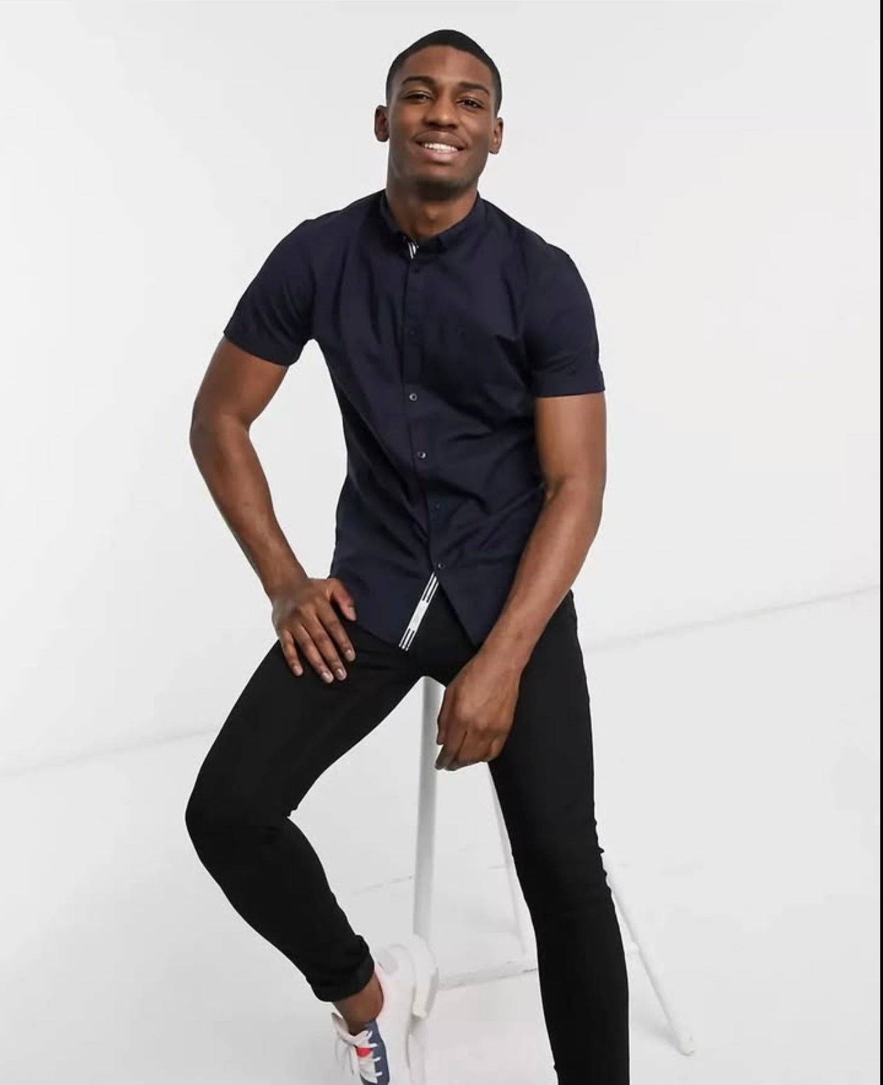River Island Regular Fit Navy Oxford Cotton Short Sleeve Shirt
