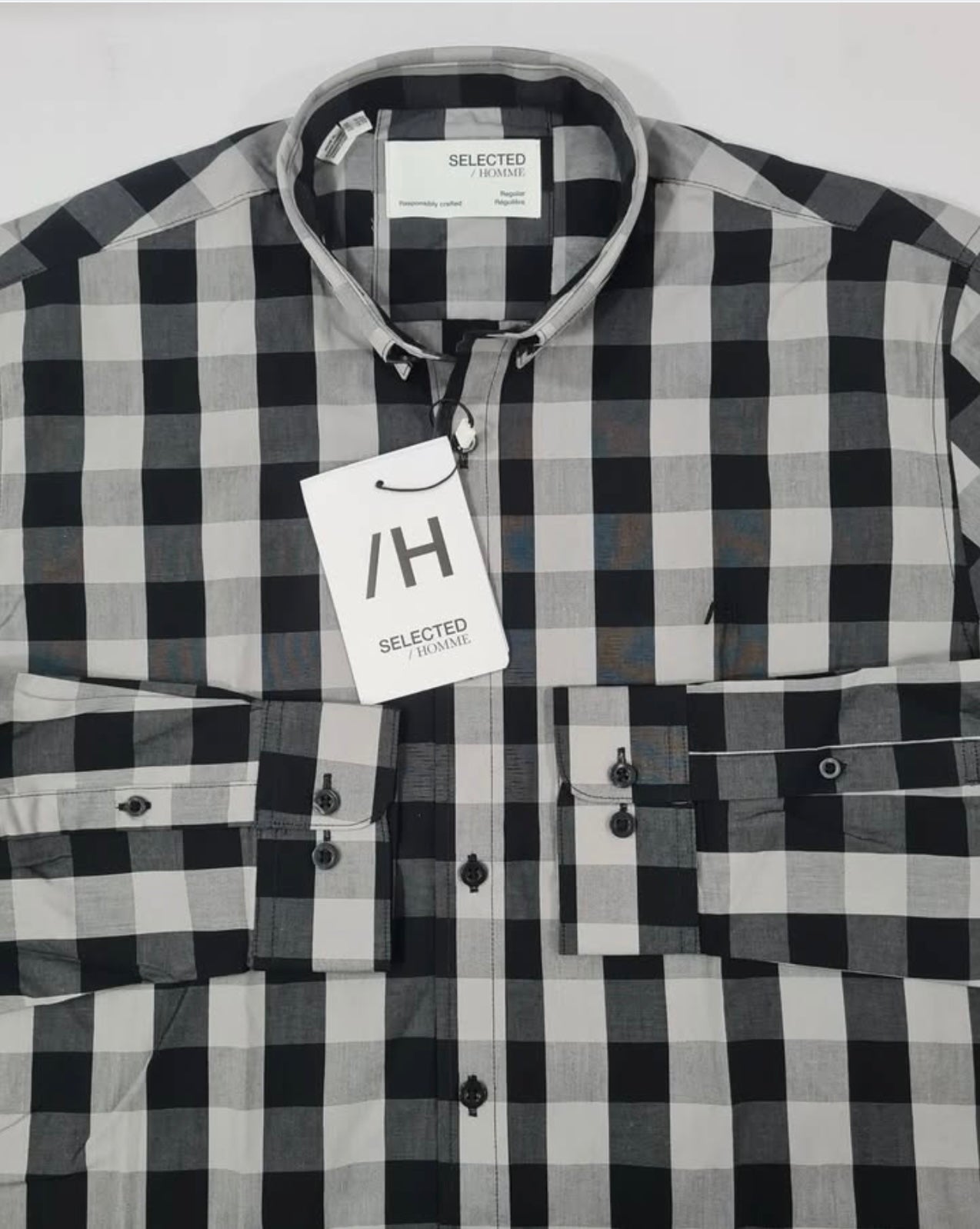 Selected Homme Regular Fit Grey Check Cotton Button Cuff Shirt
