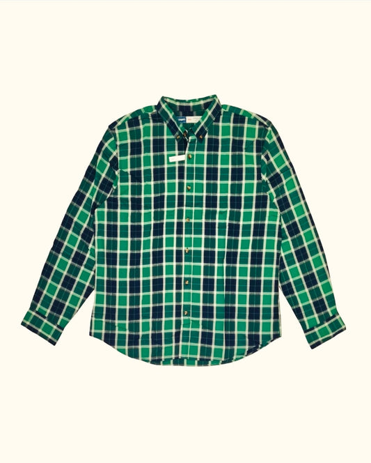 Old Navy Green Plaid Cotton Button Cuff Shirt