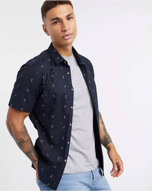 Asos Slim Fit Navy Short Sleeve Stretch Shirt in Anchor Print