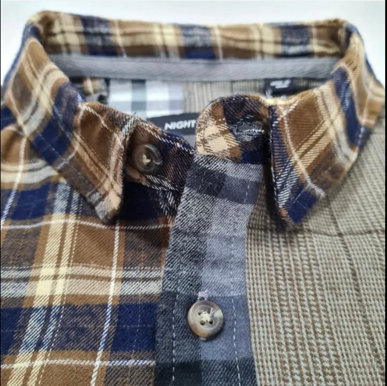 Night Addict Regular Fit Brown Check Patchwork Cotton Button Cuff Shirt
