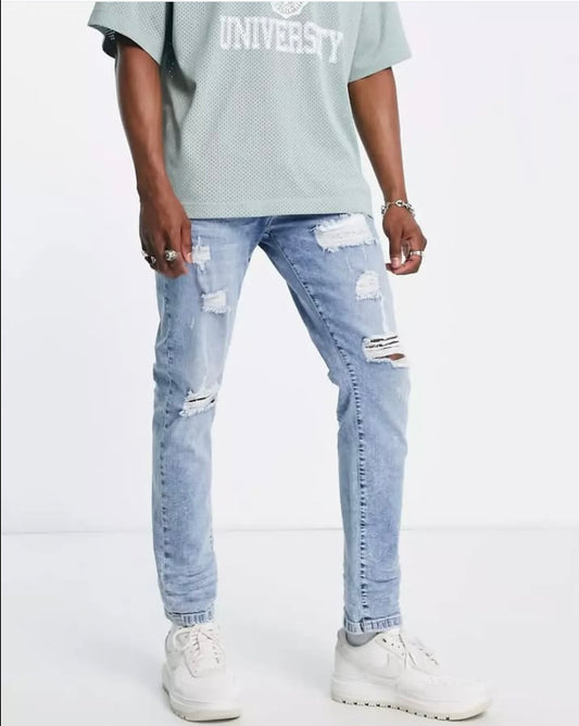 DTT Slim Fit Extreme Rip Jeans in Blue