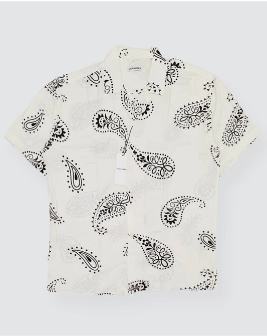 J & J Regular Fit Pattern Shirt in Off- White/ Ecru