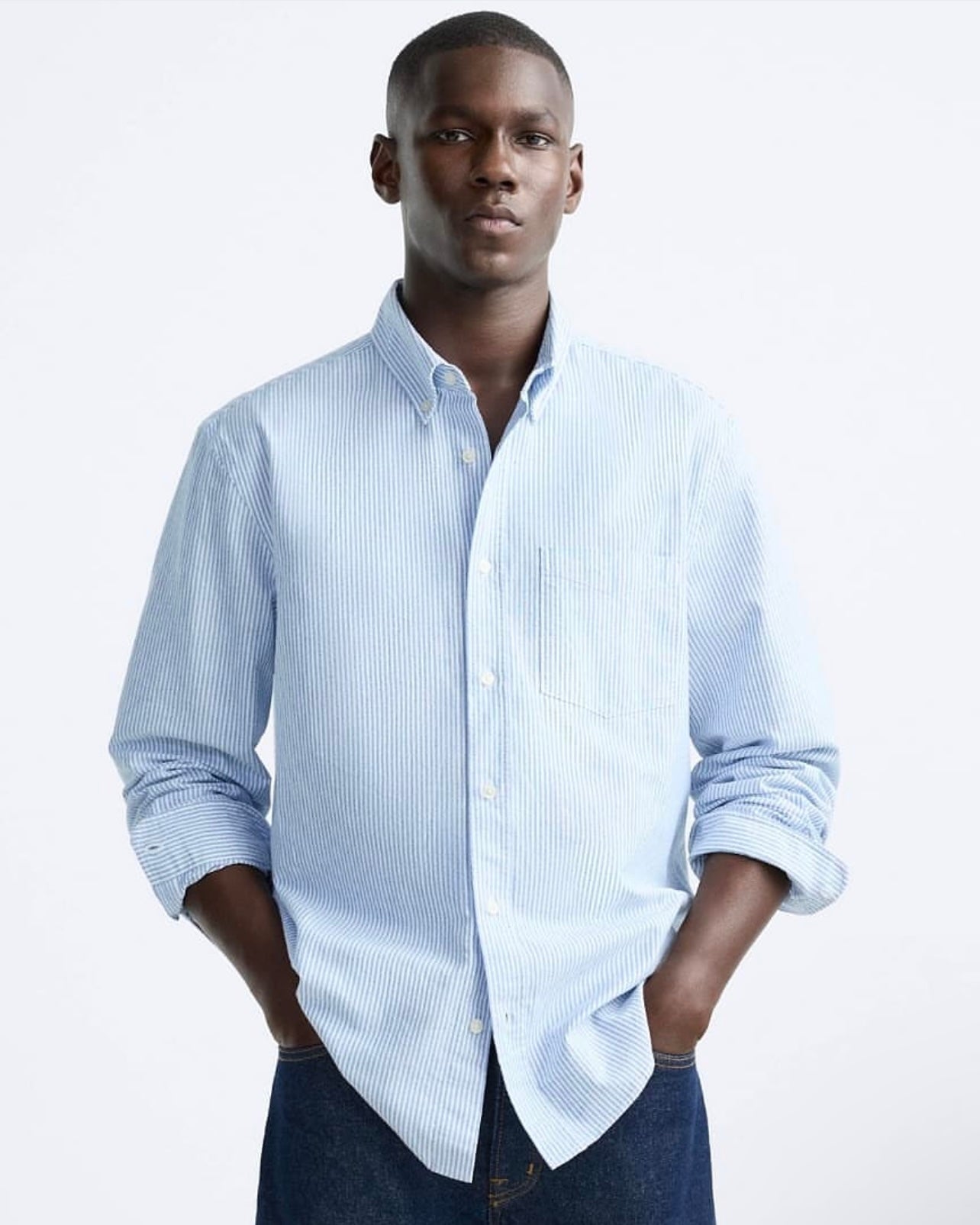 Zara Regular Fit Oxford Cotton Shirt in Blue Stripe