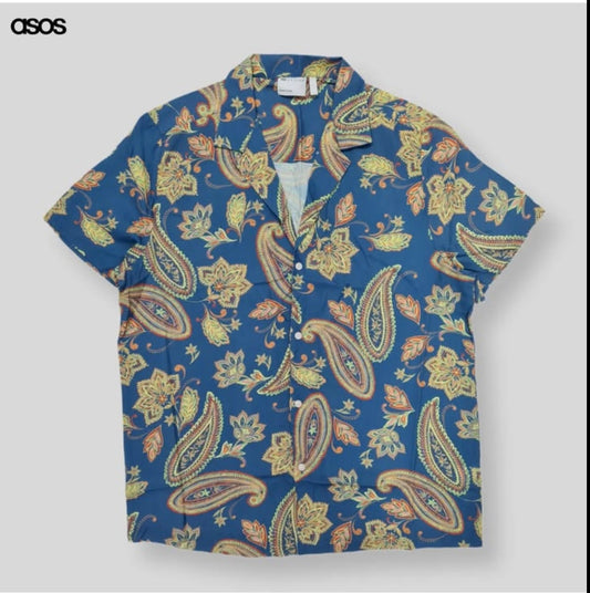 Asos Regular Fit Blue Paisley Shirt With Revere Collar