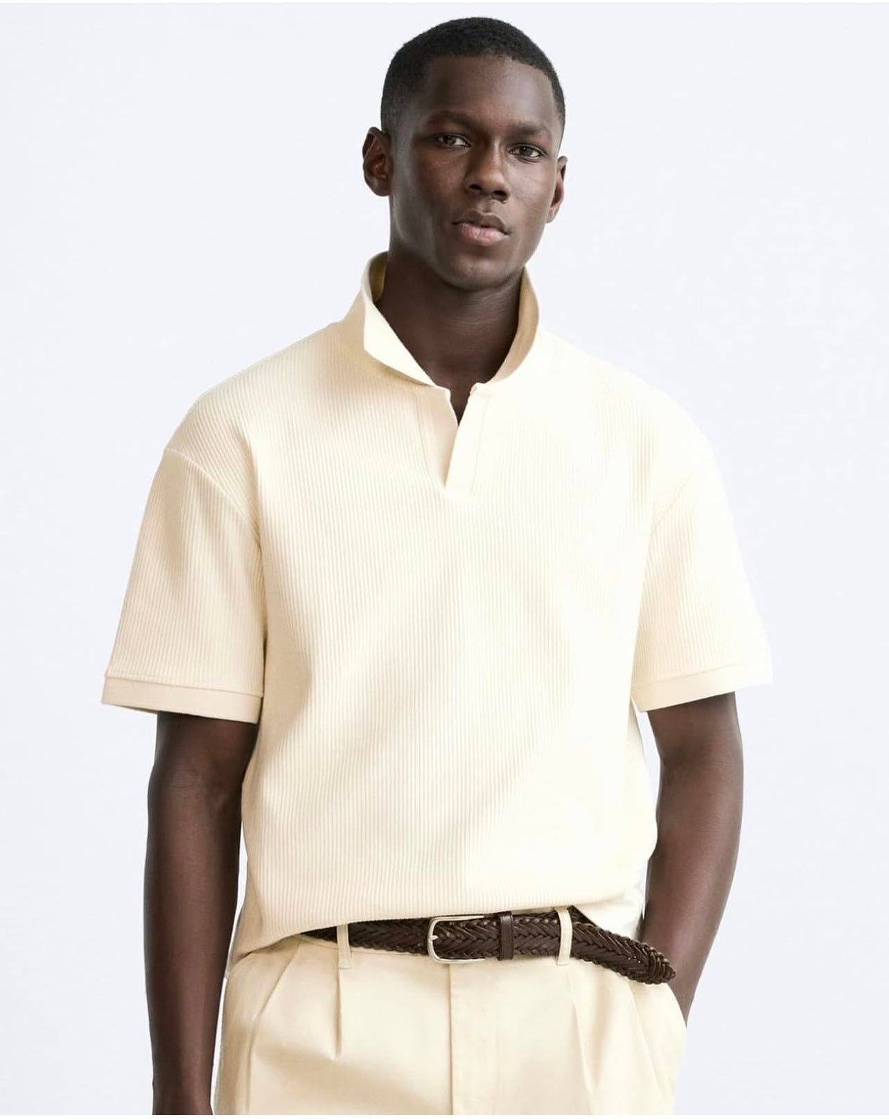 Zara Regular Fit Textured Ribbed Cotton Polo Shirt in Cream