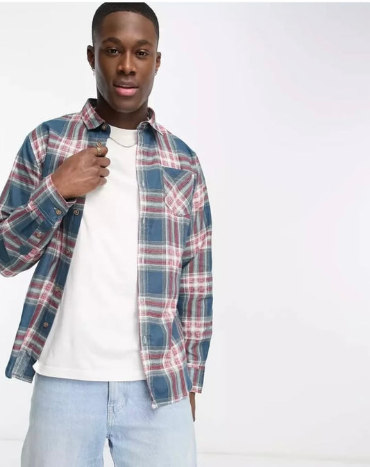 Brave Soul Regular Fit Blue Check Button Cuff Shirt