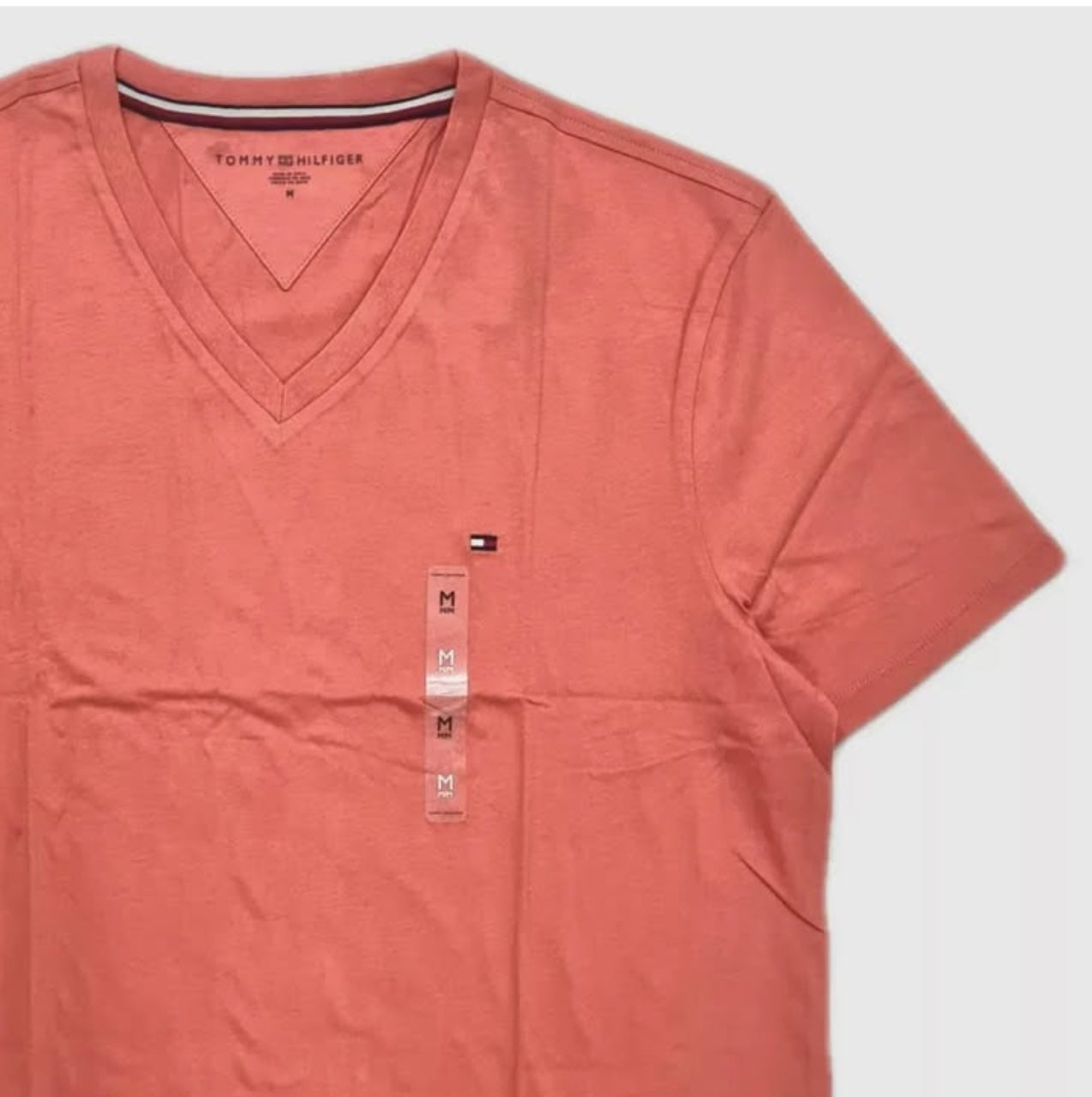Tommy Hilfiger Regular Fit Cotton V Neck Short Sleeve T Shirt in Peach