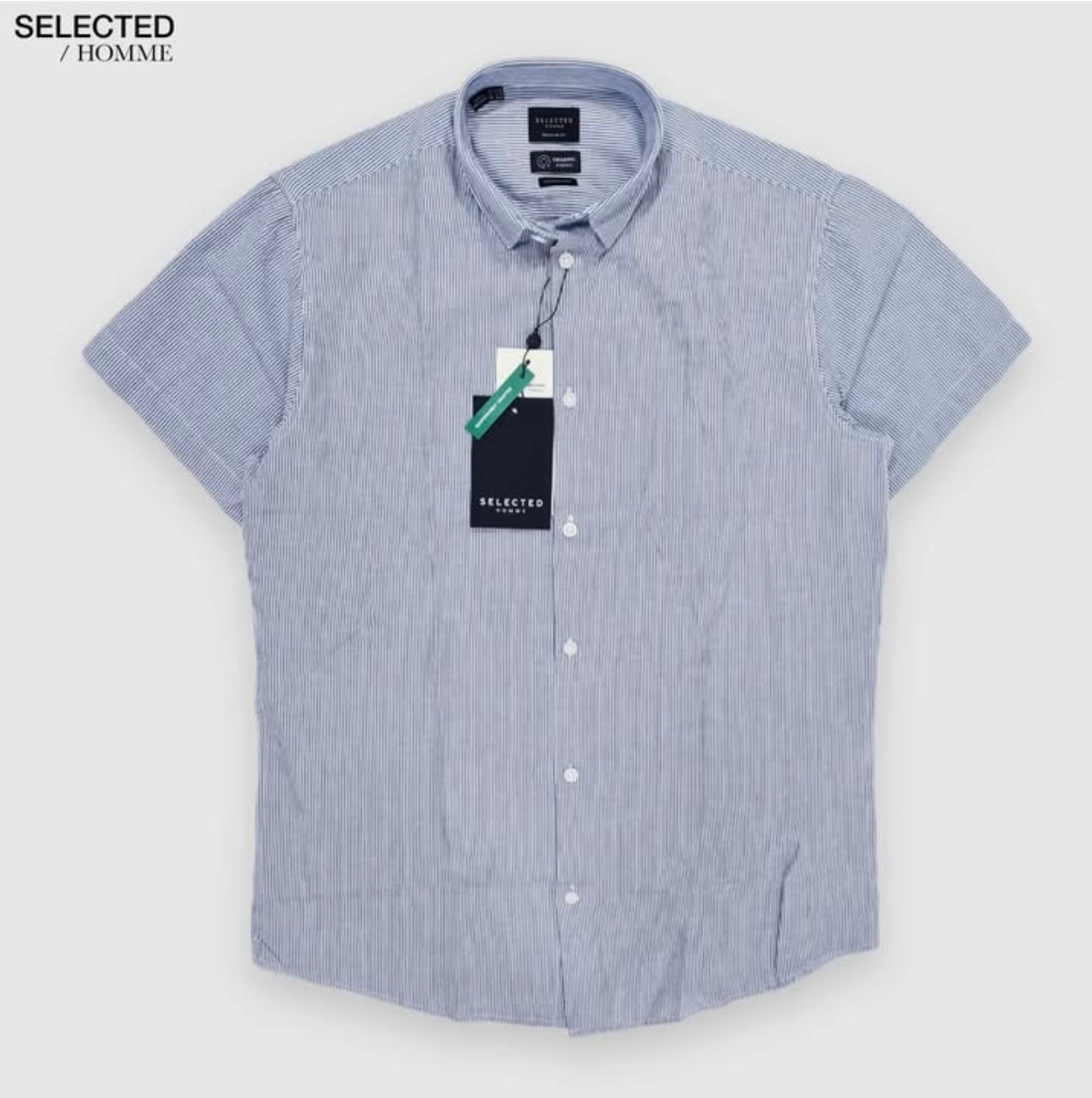 Selected Homme Regular Fit Blue Stripe Cotton/ Linen Blend Short Sleeve Shirt