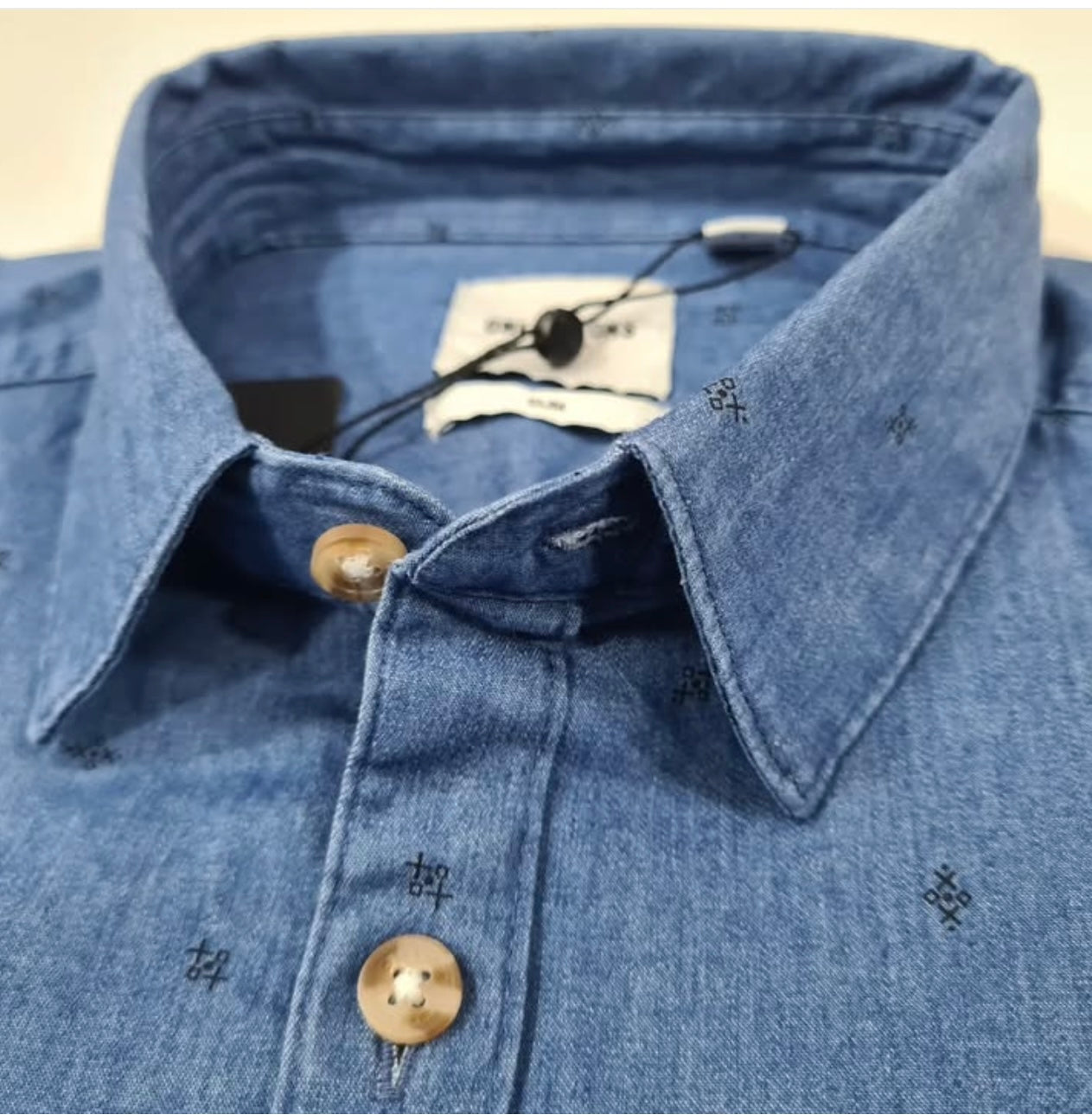Only & Sons Slim Fit Blue Pattern Short Sleeve Denim Shirt