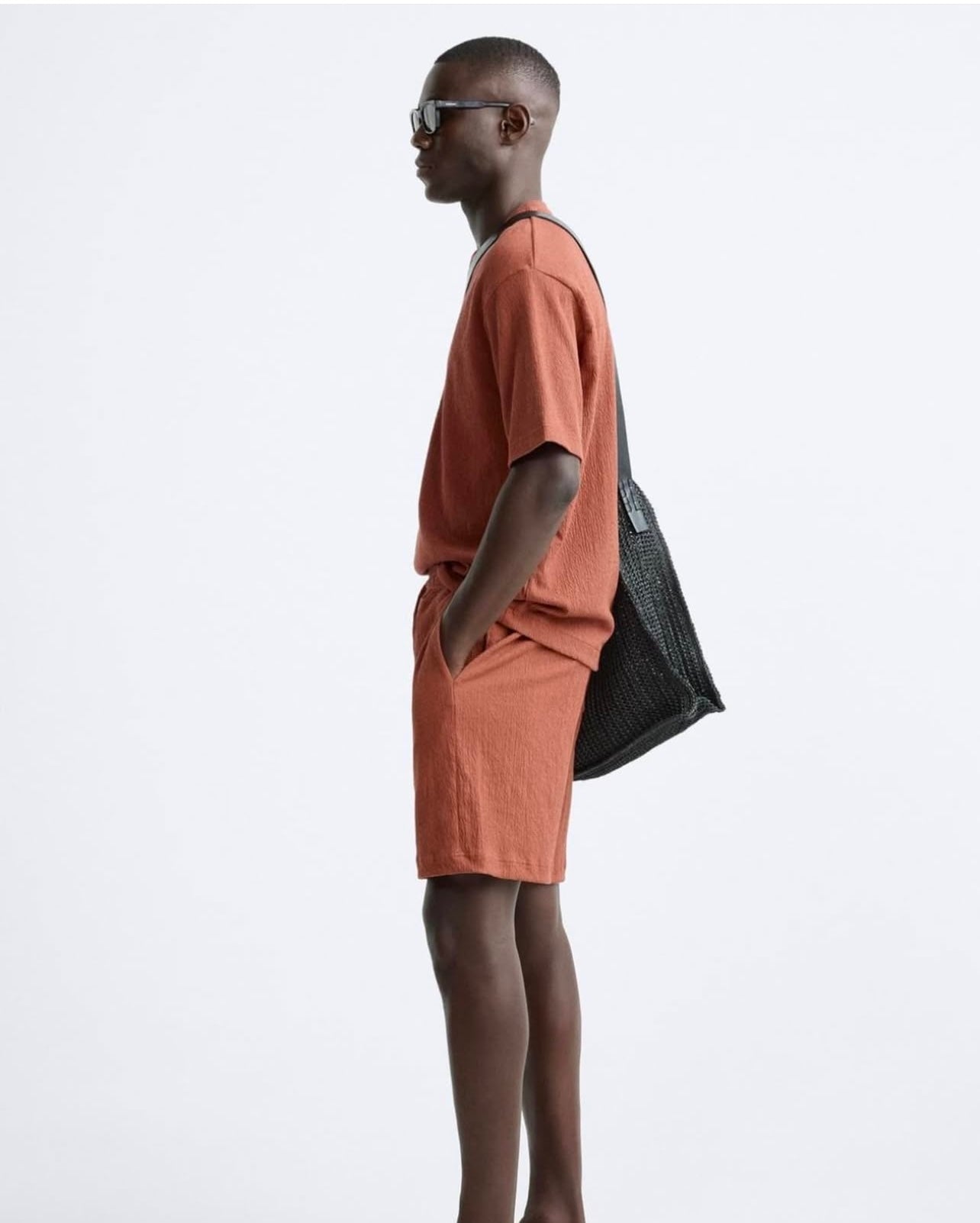 Zara Regular Fit Textured Cotton T shirt in Rust