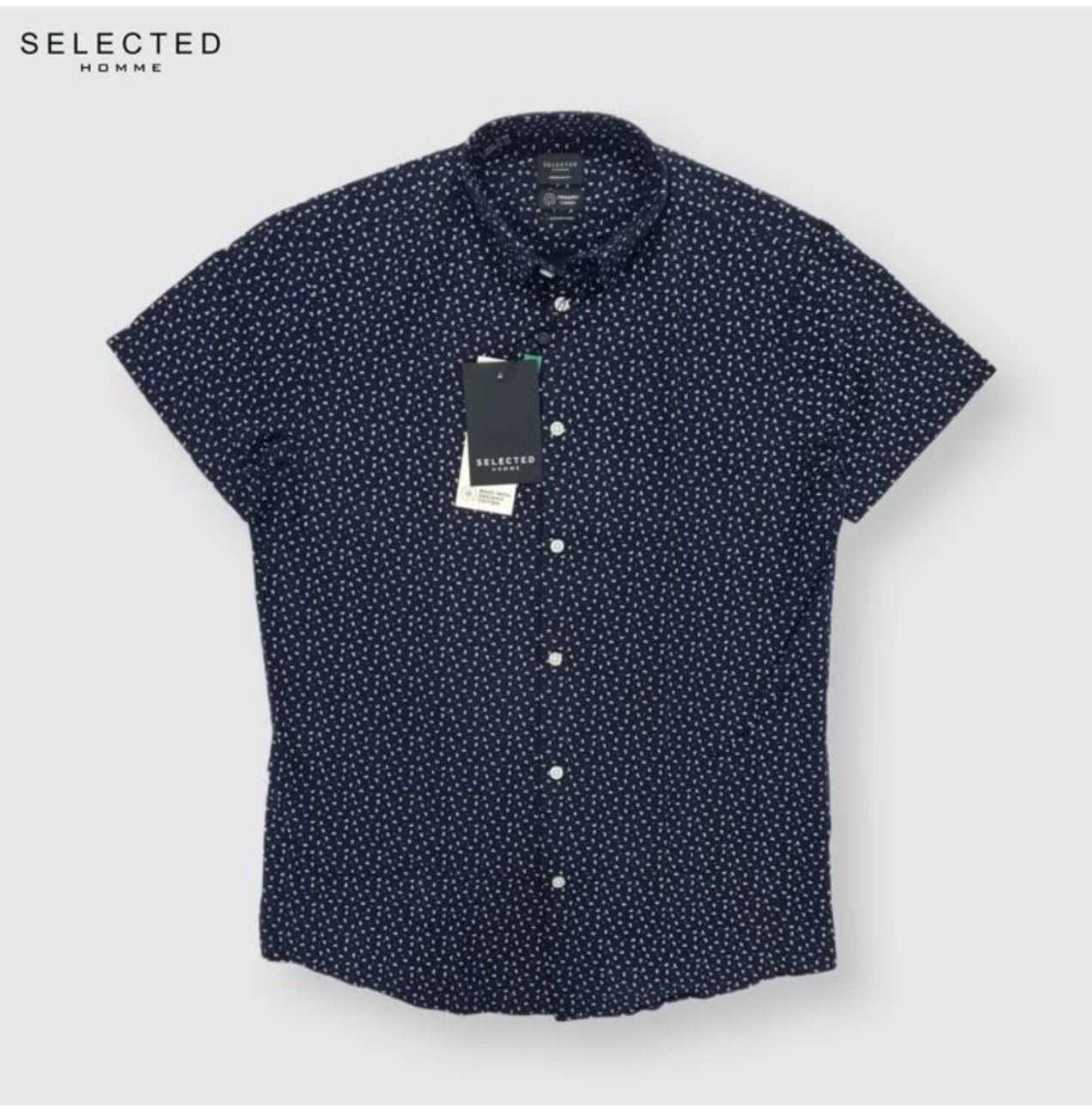 Selected Homme Regular Fit Navy Pattern Cotton/ Linen Blend Short Sleeve Shirt