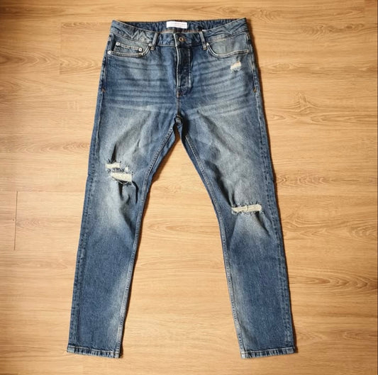 Topman Skinny Fit Ripped Stretch Denim in Blue Wash