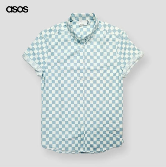 Asos Slim Fit Blue Check Cotton Short Sleeve Shirt