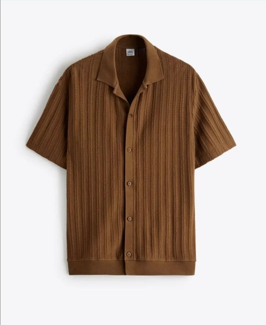 Zara Textured Knit Weave Shirt in Brown