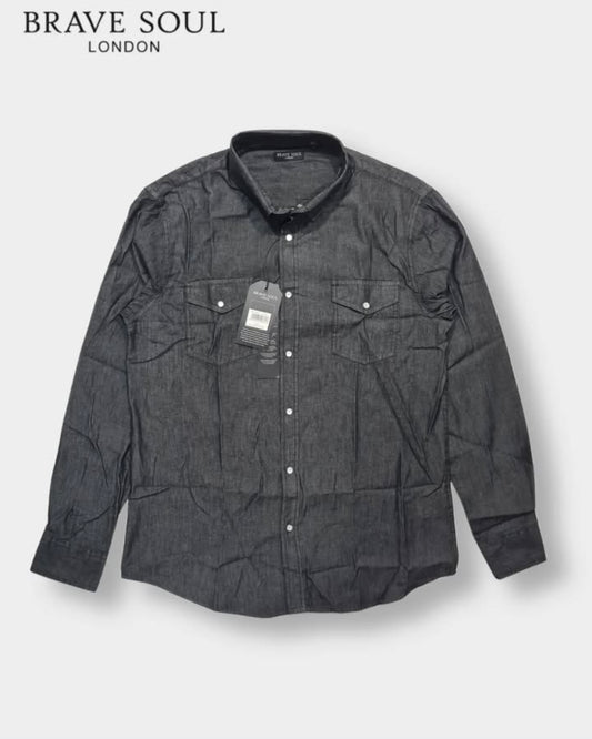 Brave Soul Regular Fit Black Wash Soft Denim Button Cuff Shirt